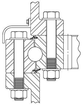 Kaydon Bearings - slewing bearing selection, simplified - Pinion is attached to outer ring support and the upper structure is supported by the inner ring. A shroud over the outer seal and bolts prevents contamination under extreme conditions. Through bolt arrangement shown.