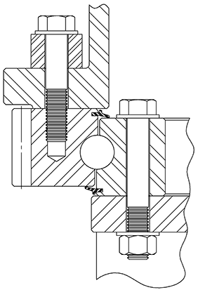 Kaydon Bearings - slewing bearing selection, simplified - Pinion is attached to lower structure supporting inner ring. Geared outer race supports upper structure. Through bolts used on inner ring and threaded bolts on outer ring.